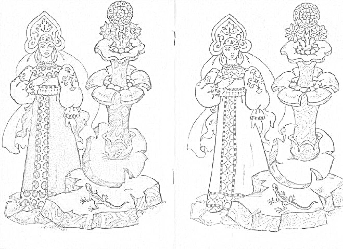 Раскраска Две женщины в длинных платьях и уборах, стоящие рядом с фантастической статуей, на которой изображены ящерицы.
