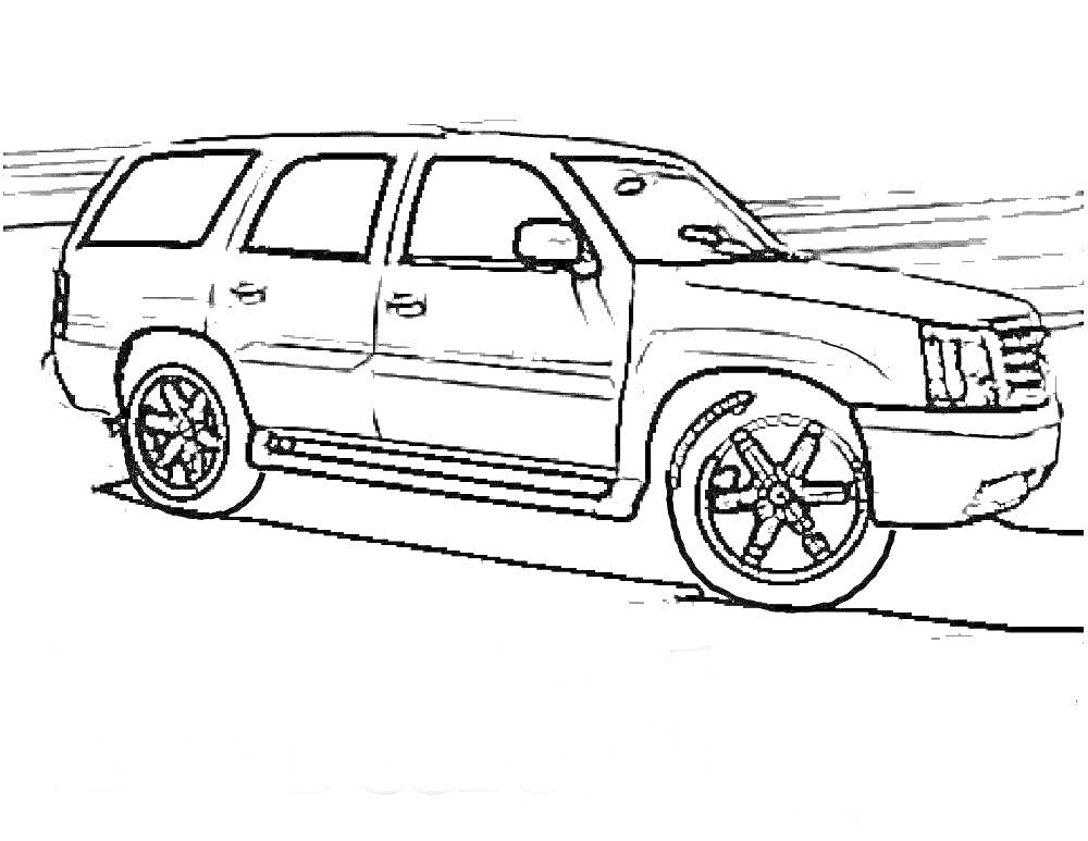 Рисунок Кадиллак Эскалейд, автомобиль с четырьмя дверями, большими колёсами и видимыми деталями кузова