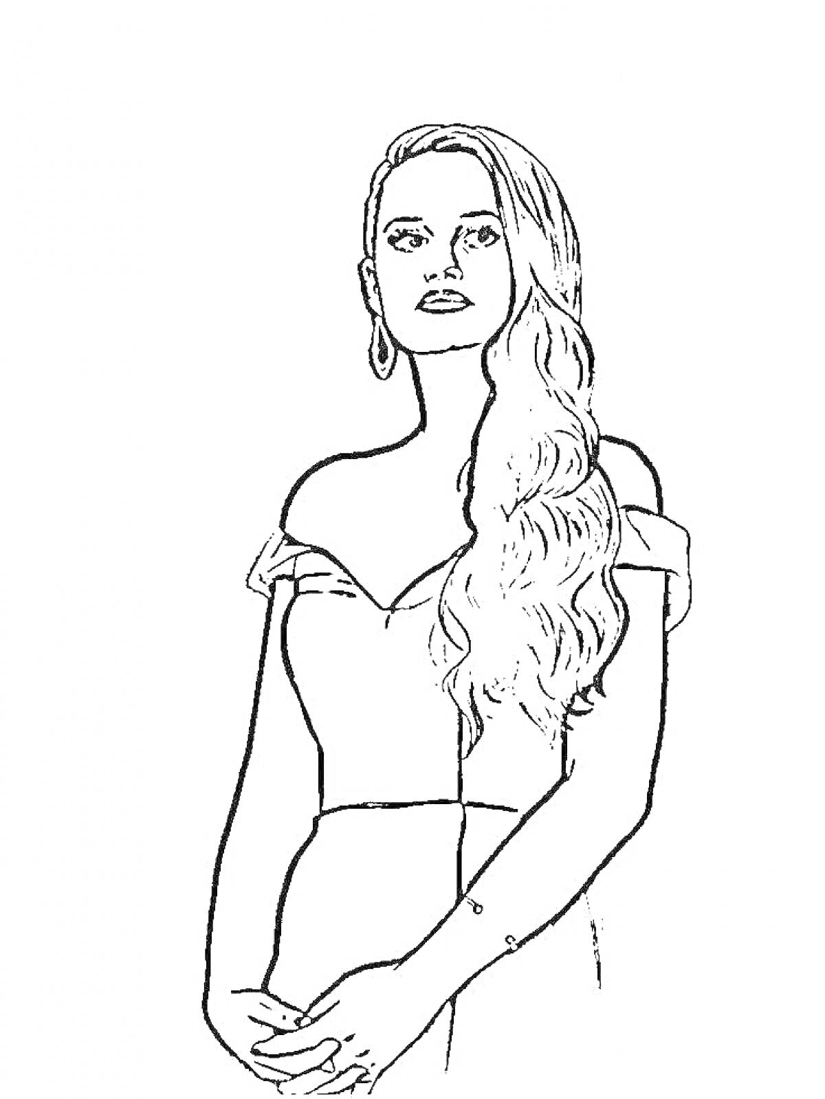 Раскраска Девушка с длинными волосами в платье без бретелек, с серьгой в ухе