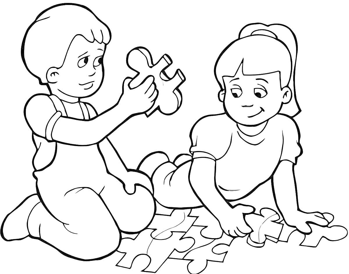 На раскраске изображено: Пазл, Игра, Пол, Мальчик, Девочка, Для детей