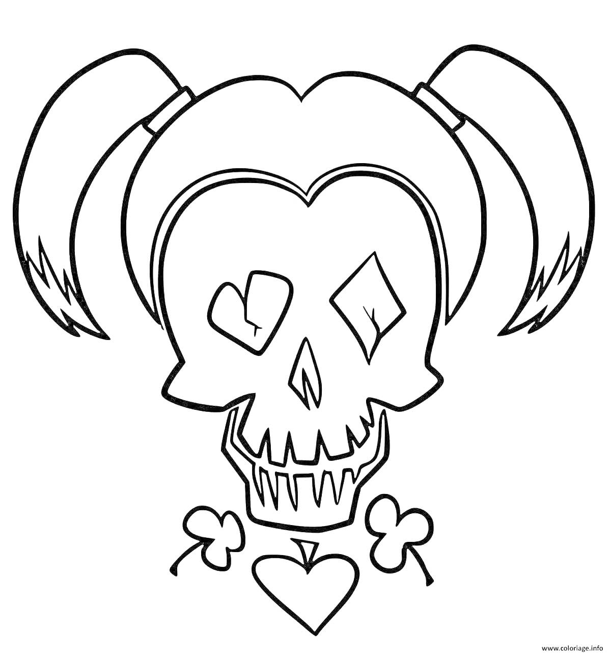 Раскраска Череп с сердечными и ромбовидными глазами, с двумя хвостиками и картами на шее