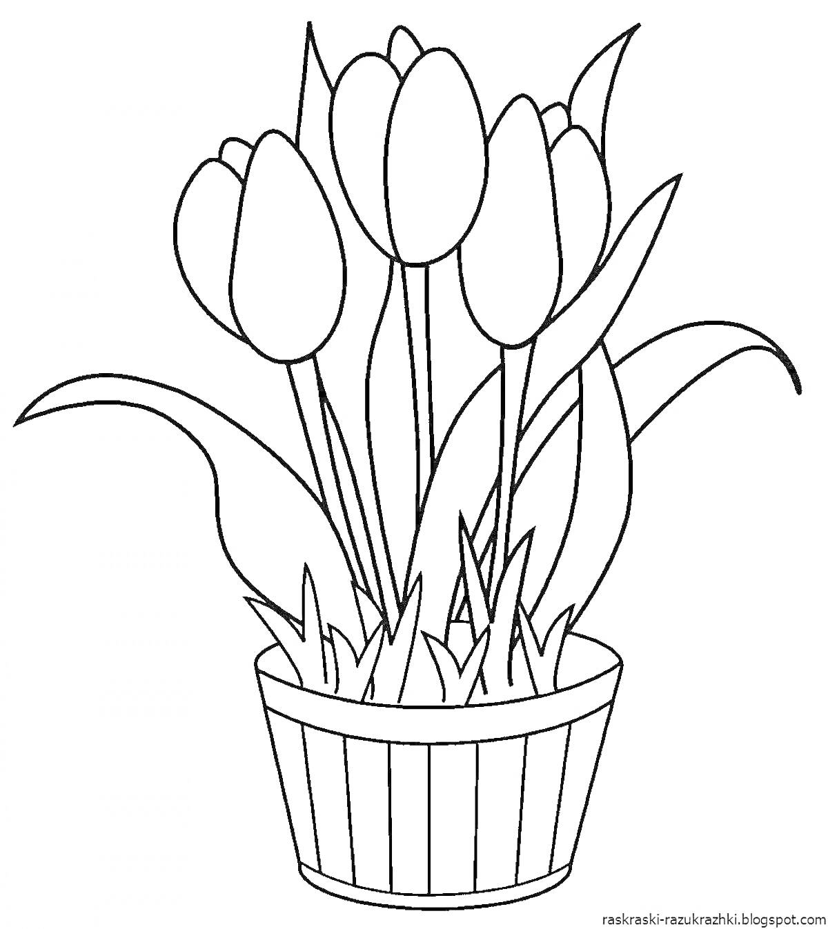 На раскраске изображено: Тюльпаны, Цветочный горшок, Цветы, Листья, Для детей, Стебель