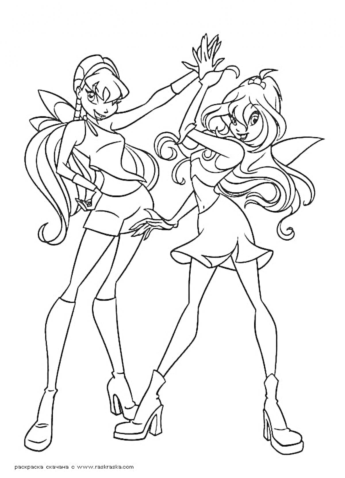 Раскраска две девушки-феи, стоящие спина к спине, с большими крыльями и в модной короткой одежде