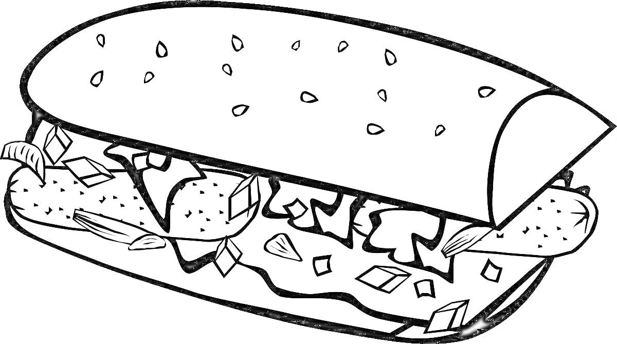 На раскраске изображено: Сэндвич, Наггетсы, Листья салата, Кетчуп, Булочка, Кунжут, Еда