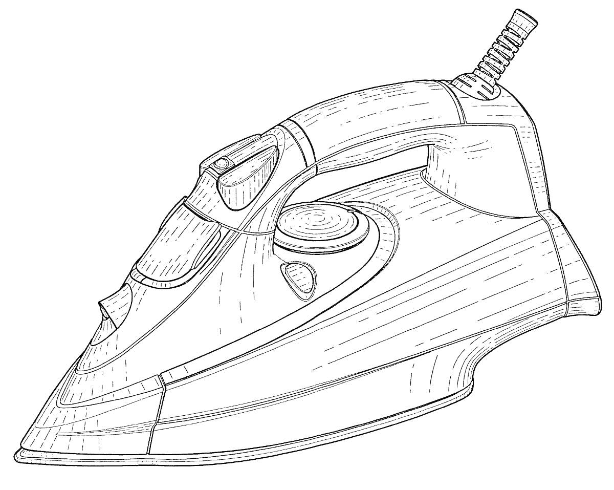 На раскраске изображено: Утюг, Бытовая техника, Глажка, Шнур, Ручка