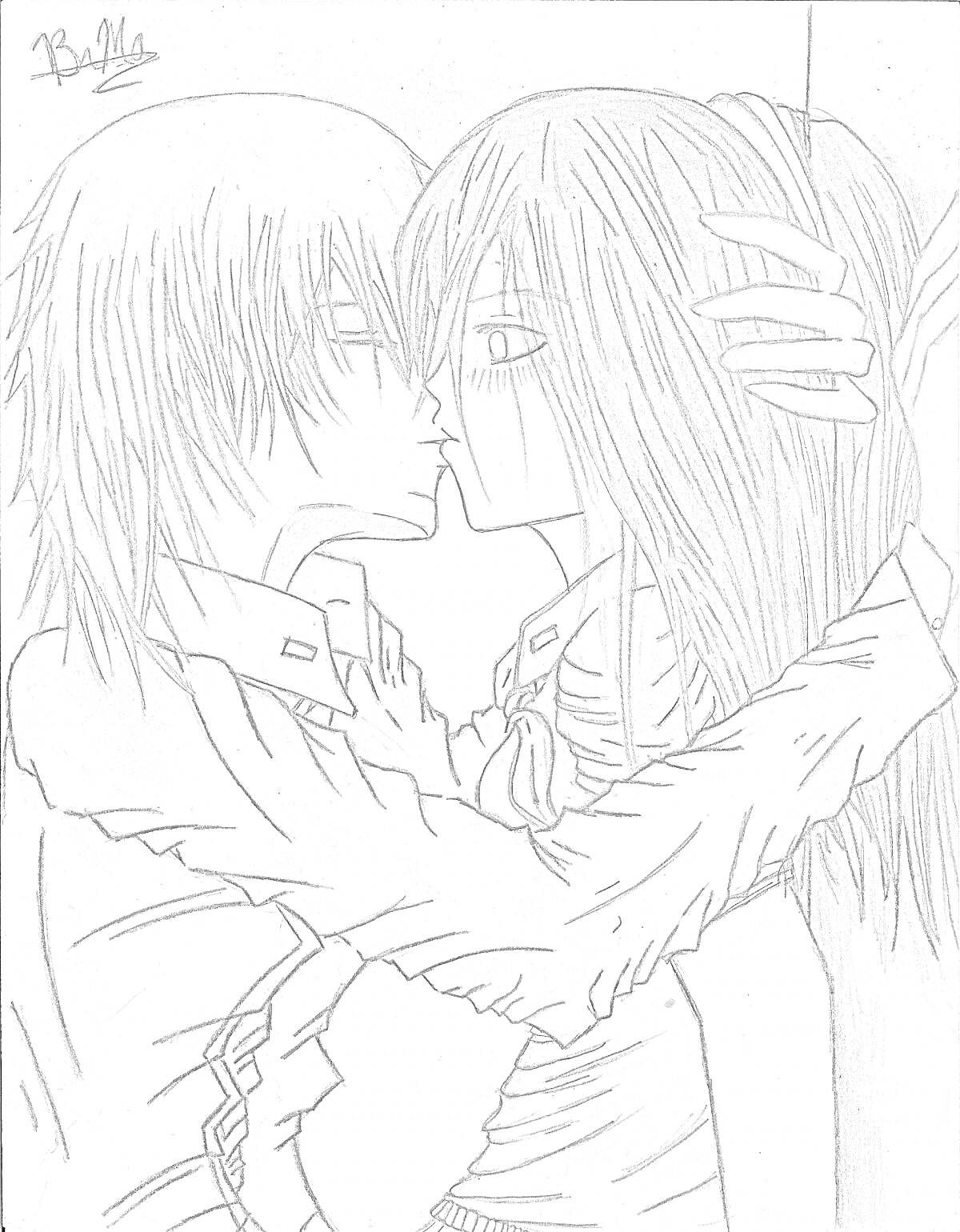 Раскраска Аниме пара целуется, девушка держит лицо парня руками, парень обнимает девушку