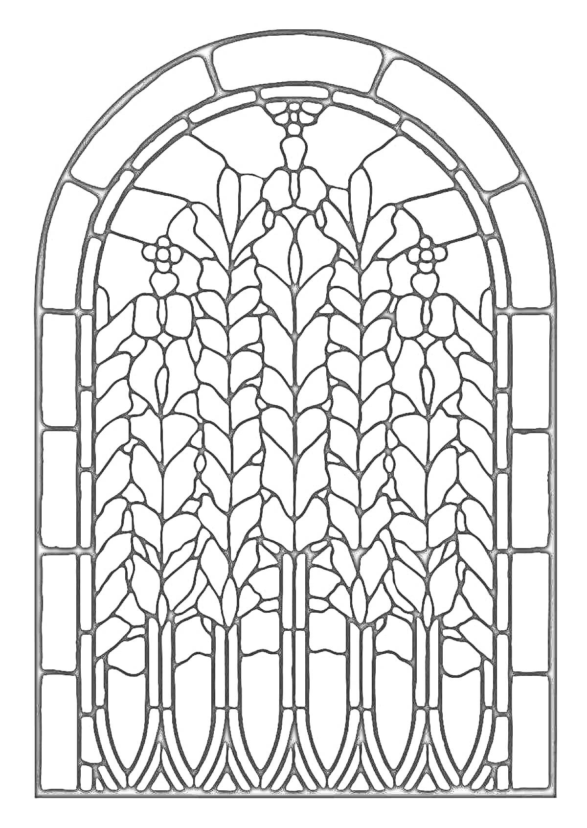 На раскраске изображено: Растительный орнамент, Листья, Цветы, Окна