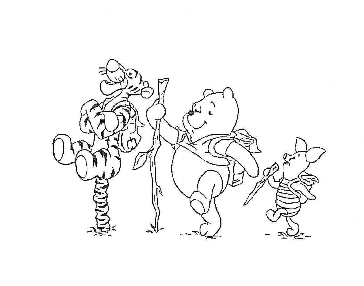 Раскраска Винни-Пух и друзья на прогулке с палками и рюкзаками