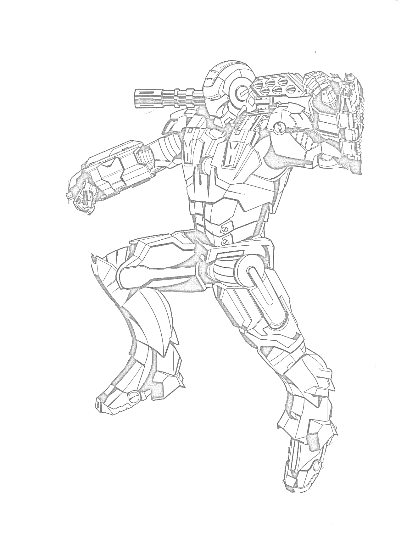Раскраска Железный человек в боевом костюме с оружием на левом плече, прыгающий в воздухе