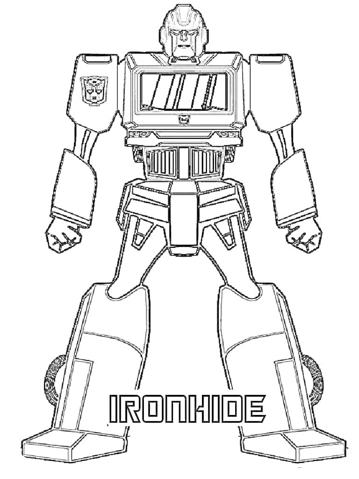 Раскраска Робот Титан Ironhide с эмблемой и надписью