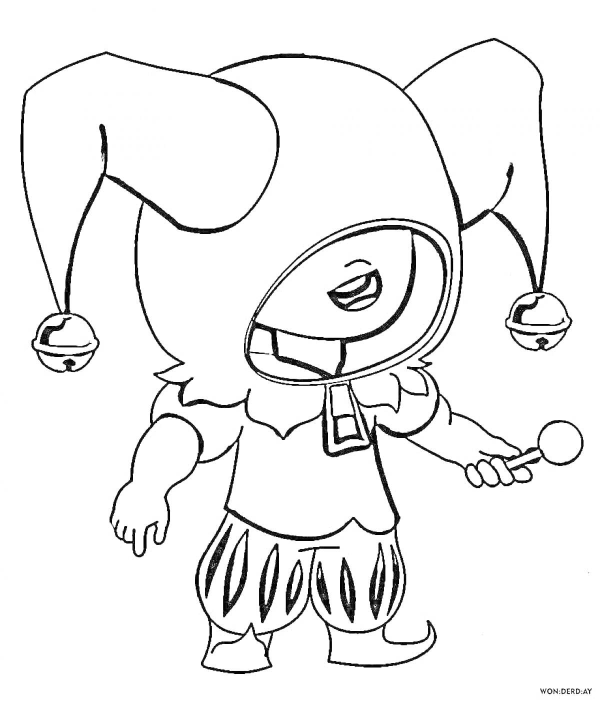Раскраска Леон в костюме шута с колокольчиками, держащий леденец