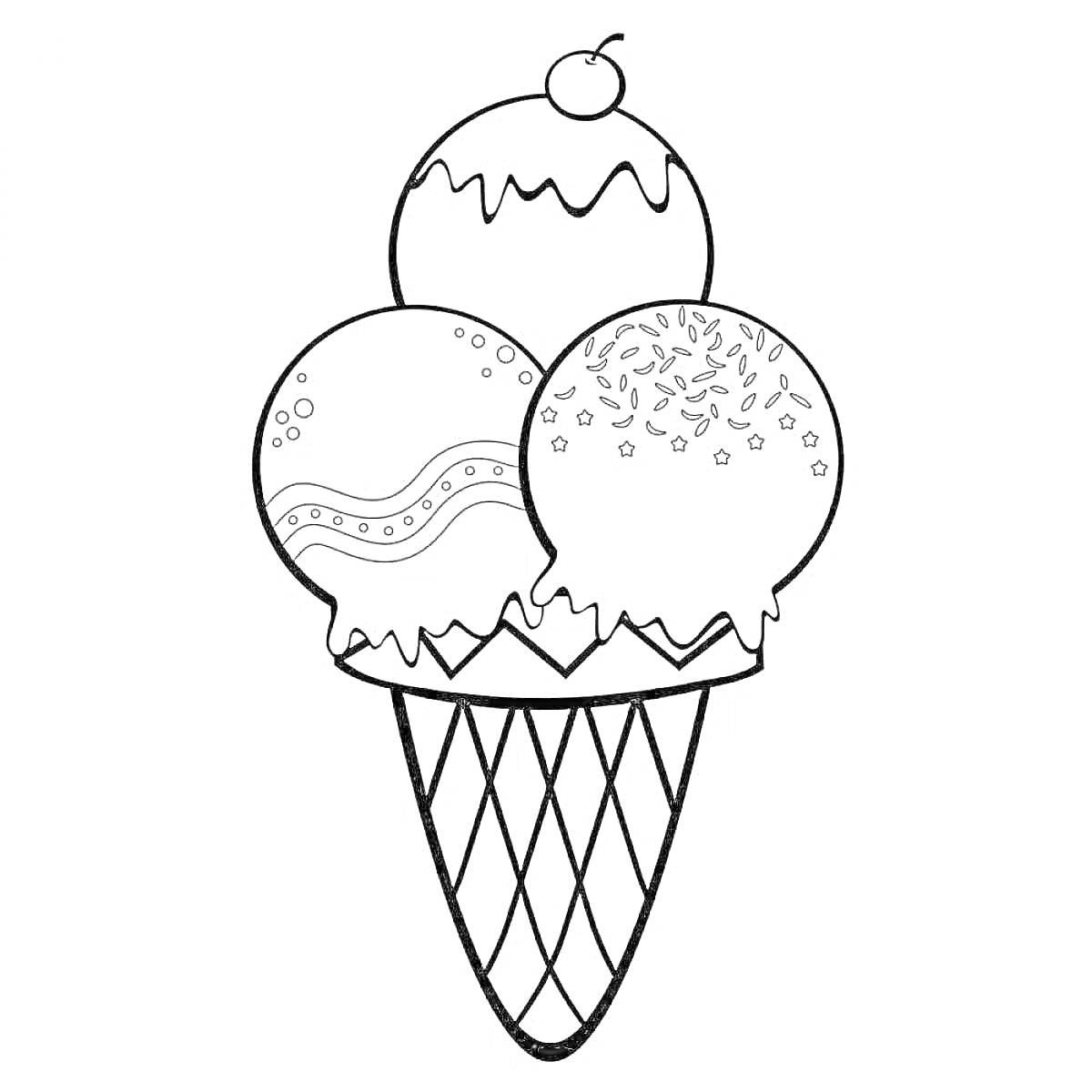 Раскраска Мороженое в вафле с тремя шариками, посыпками, глазурью и вишенкой
