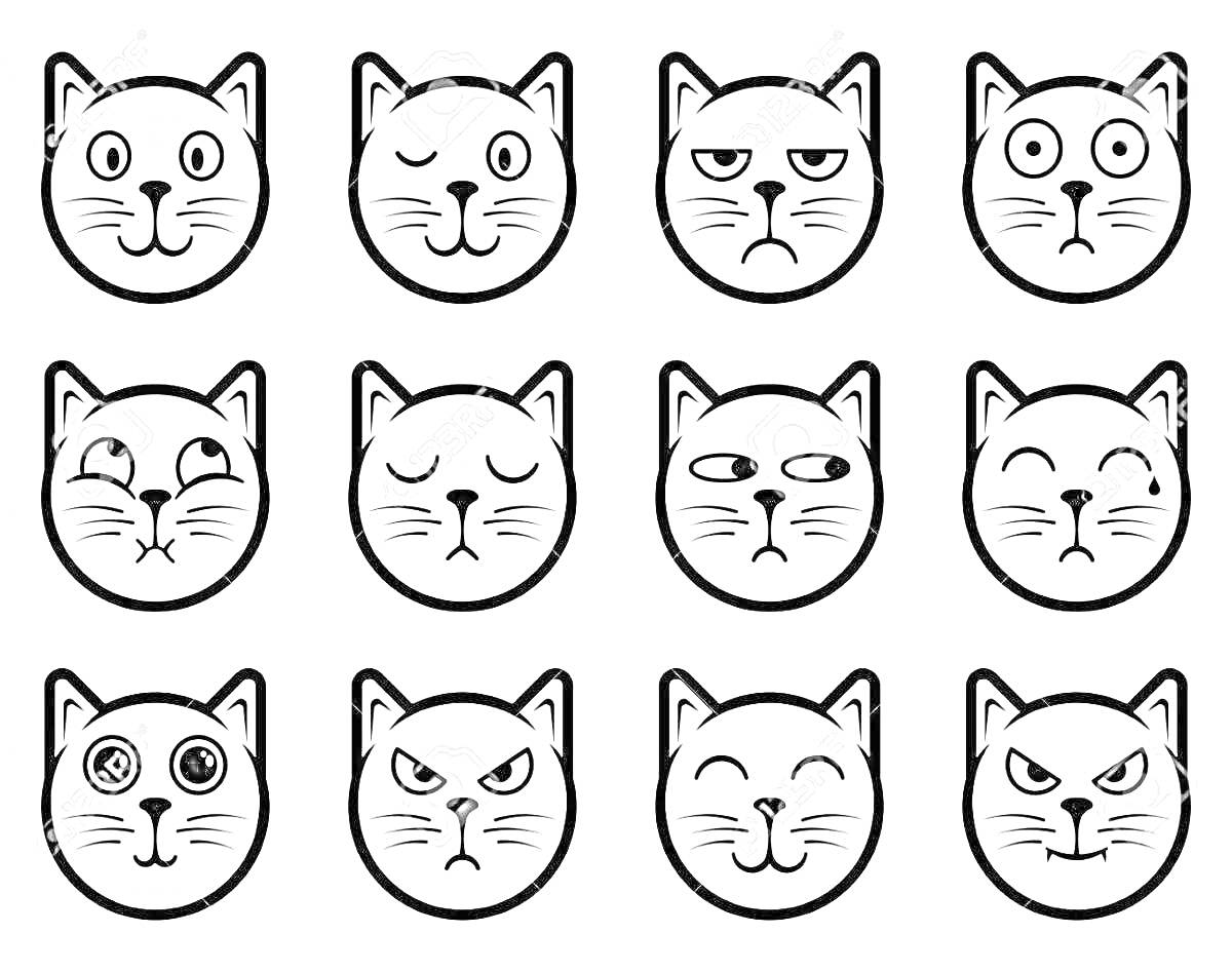 Раскраска стикеры с кошачьими мордочками в различных эмоциях: улыбающаяся, подмигивающая, недовольная, удивленная, спокойная, подозрительная, смеющаяся, ошеломлённая, сердитая, хмурая, разъярённая, злобная