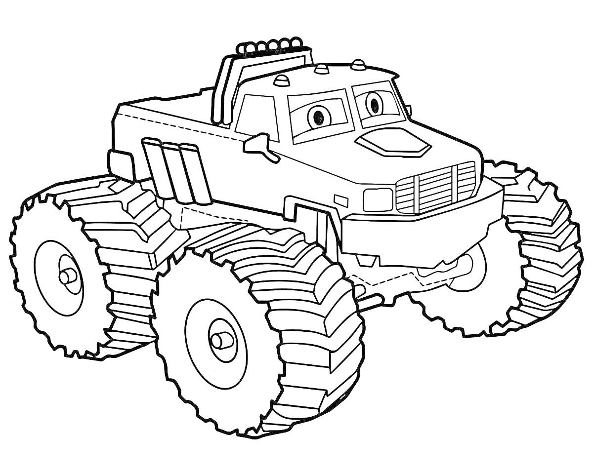 Раскраска Монстр-трак с глазами, большие колеса
