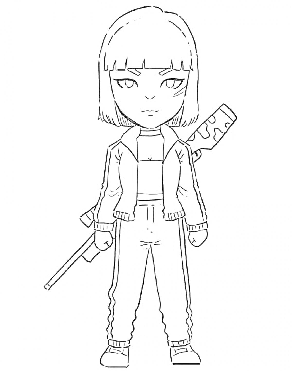 Раскраска Персонаж с короткими волосами, в спортивной одежде и с винтовкой
