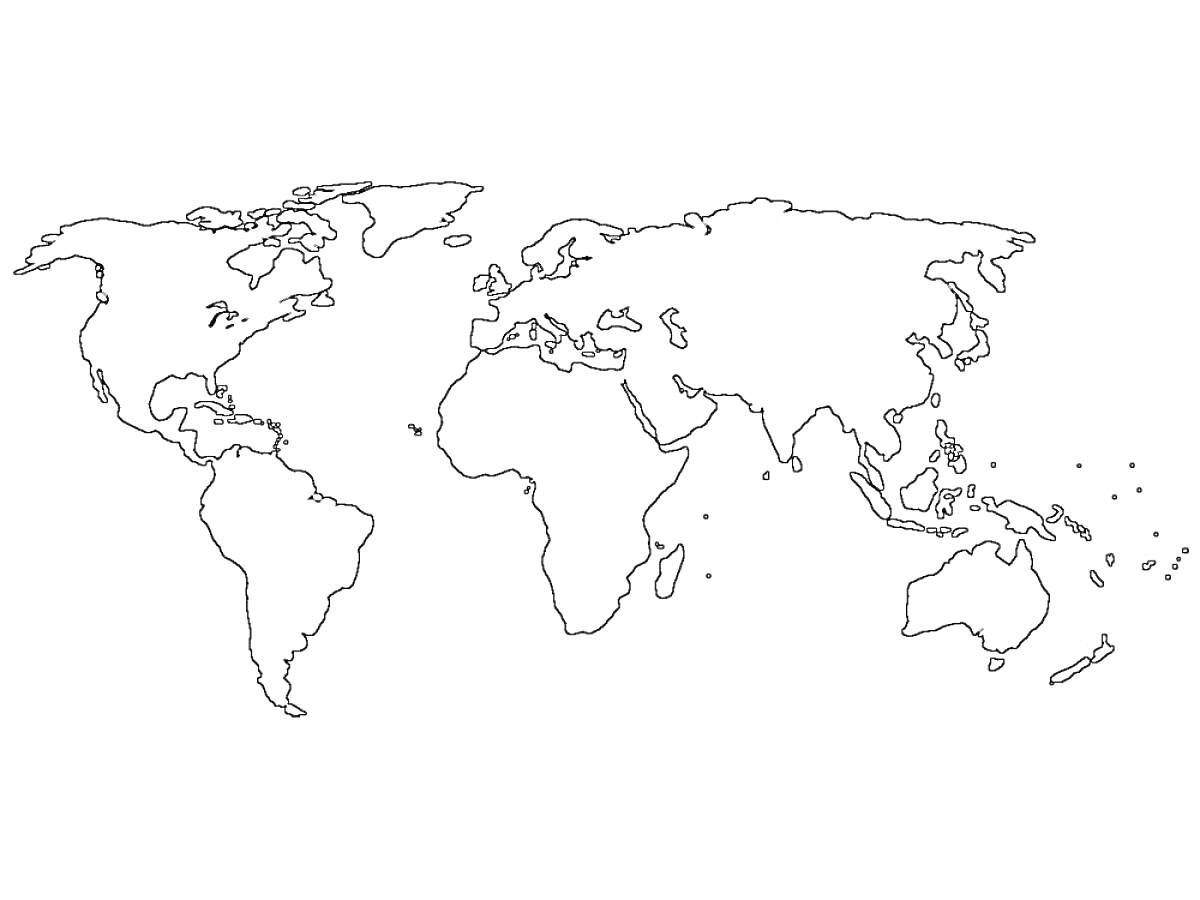 Раскраска Контурная карта мира с границами континентов и островных территорий