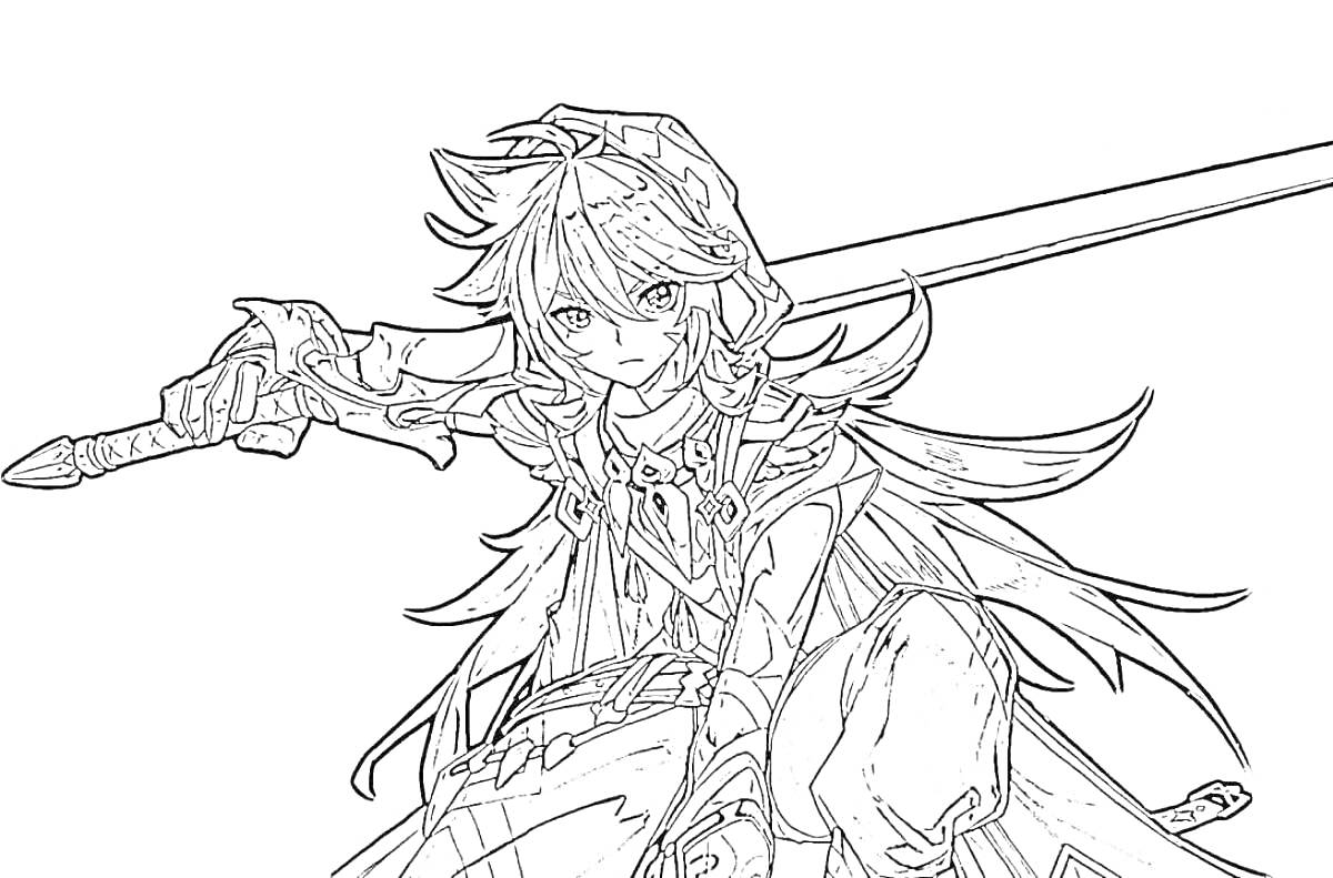 Раскраска Персонаж Геншин с мечом, стоящий на одном колене, с развевающейся одеждой и длинными волосами