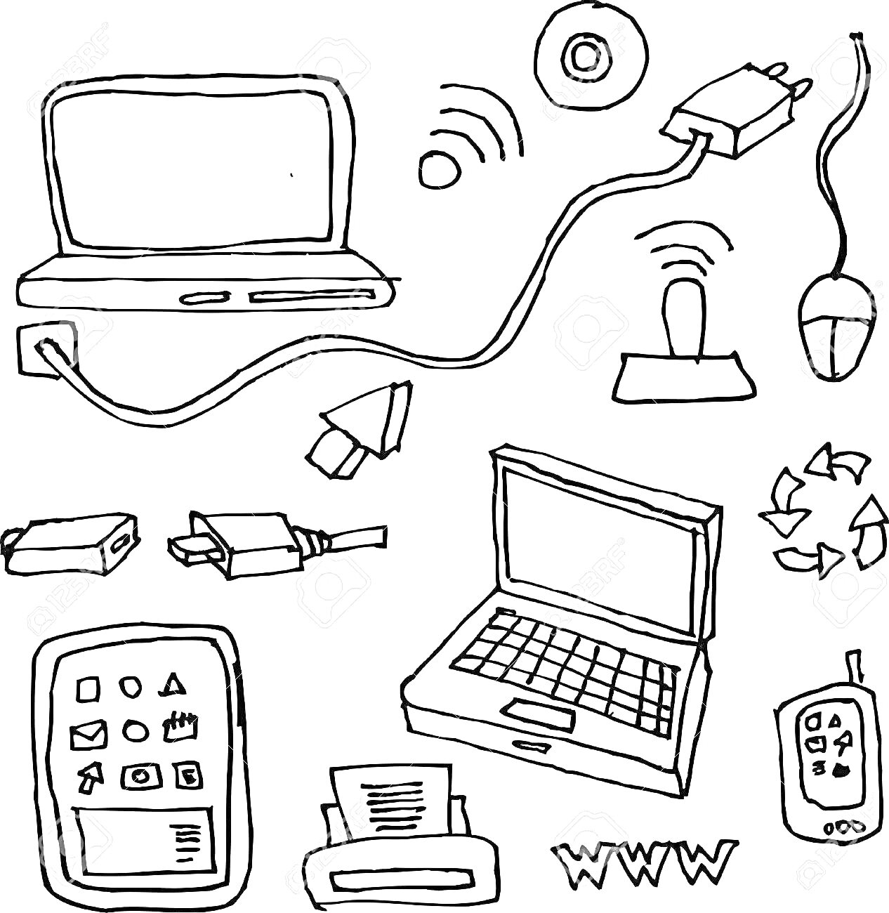 На раскраске изображено: Ноутбук, Телефон, Мышь, Роутер, Разъёмы, Монитор, Принтер, Интернет, Гаджеты