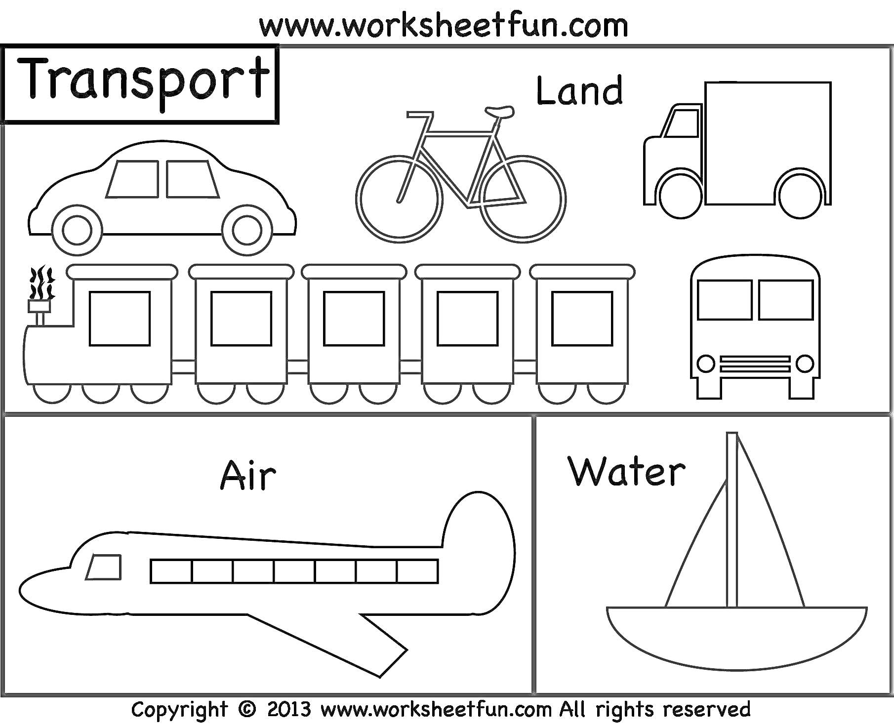 На раскраске изображено: Транспорт, Велосипед, Поезд, Автобус, Лодка, Для дошкольников, Наземный транспорт, Воздушный транспорт, Водный транспорт