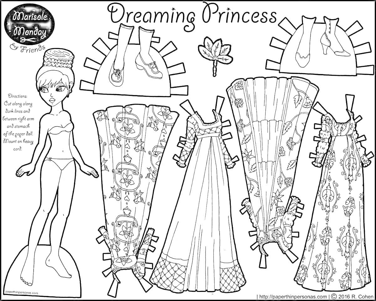 Раскраска Dreaming Princess, кукла, головной убор, туфли, цветок, платье с цветочным орнаментом, платье с узором
