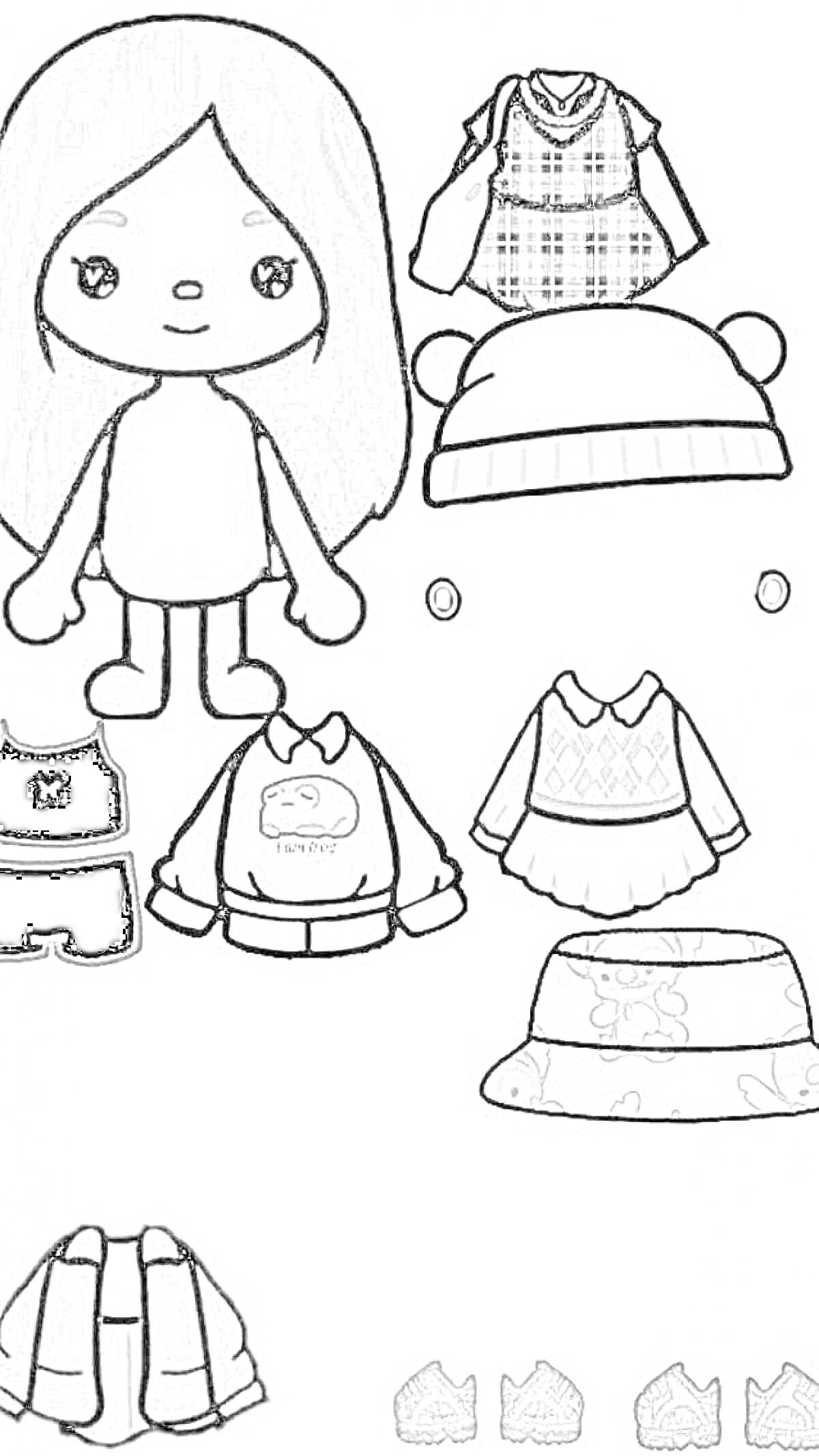 Раскраска Девочка-персонаж без одежды с волосами, шляпа с медвежьими ушками, серьги, платье-костюм, толстовка с рисунком, платье с узором, шляпа с узором, пиджак, спортивные шорты и обувь