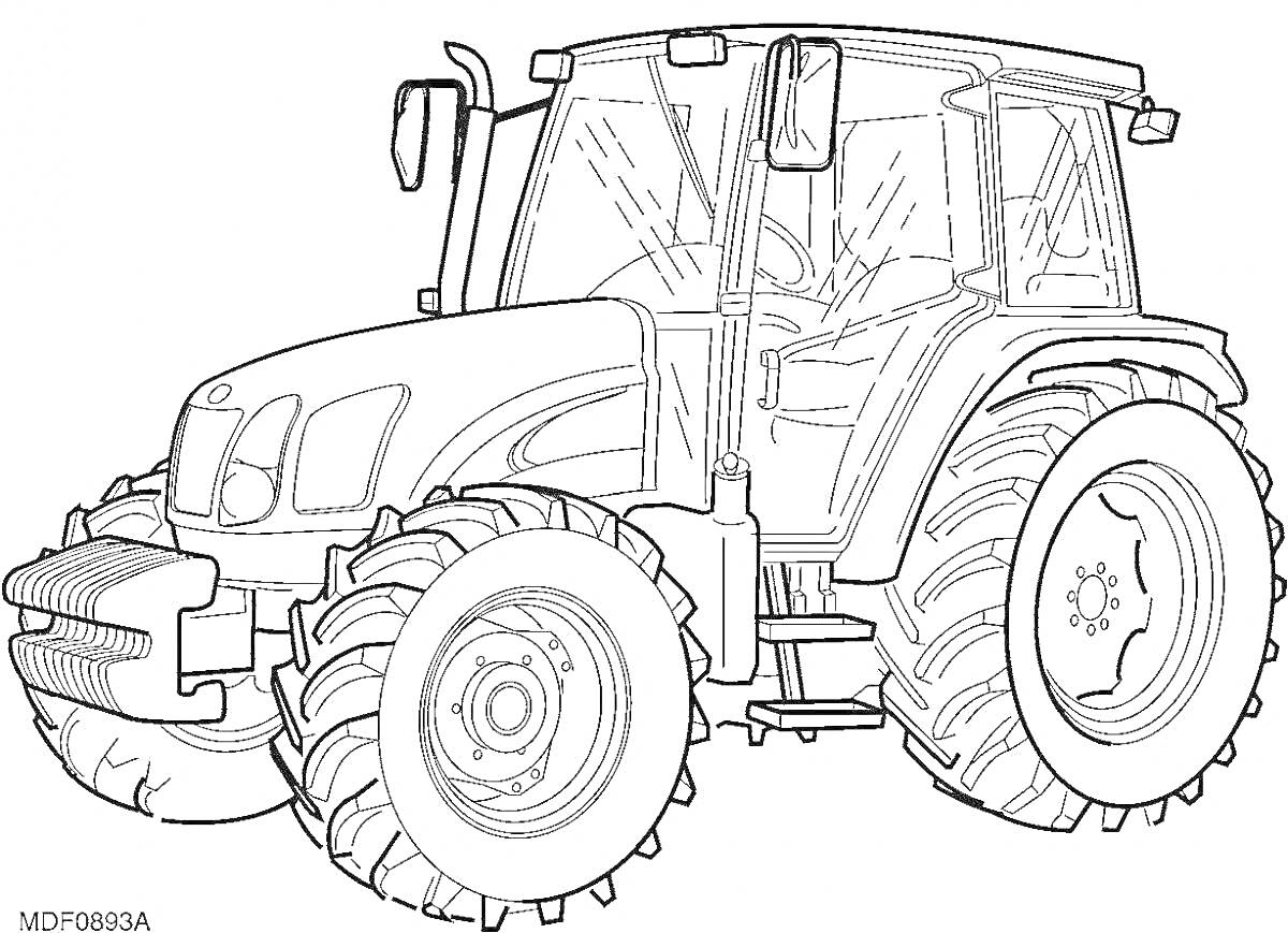 На раскраске изображено: Трактор, Сельскохозяйственная техника, Кабина водителя