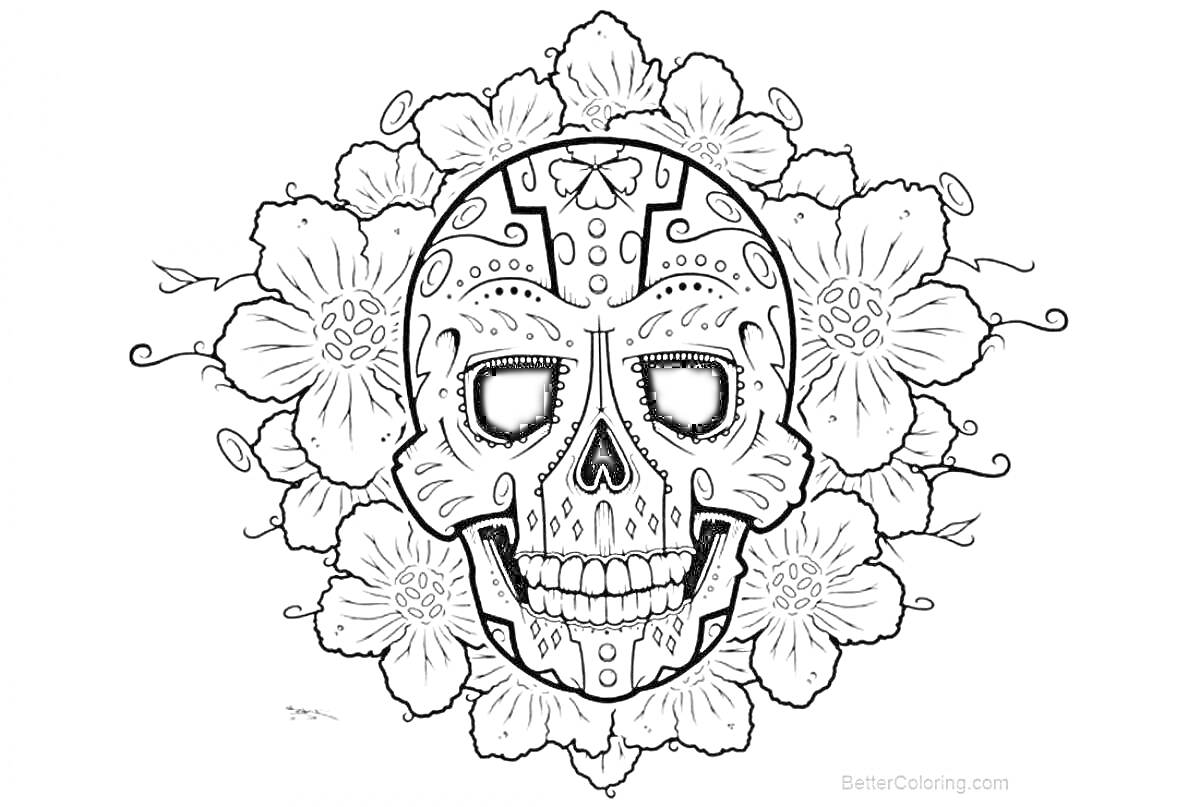 На раскраске изображено: Череп, Узоры, Цветы, Цветение, Орнамент, Мексиканский стиль, День мертвых, Цветочный узор