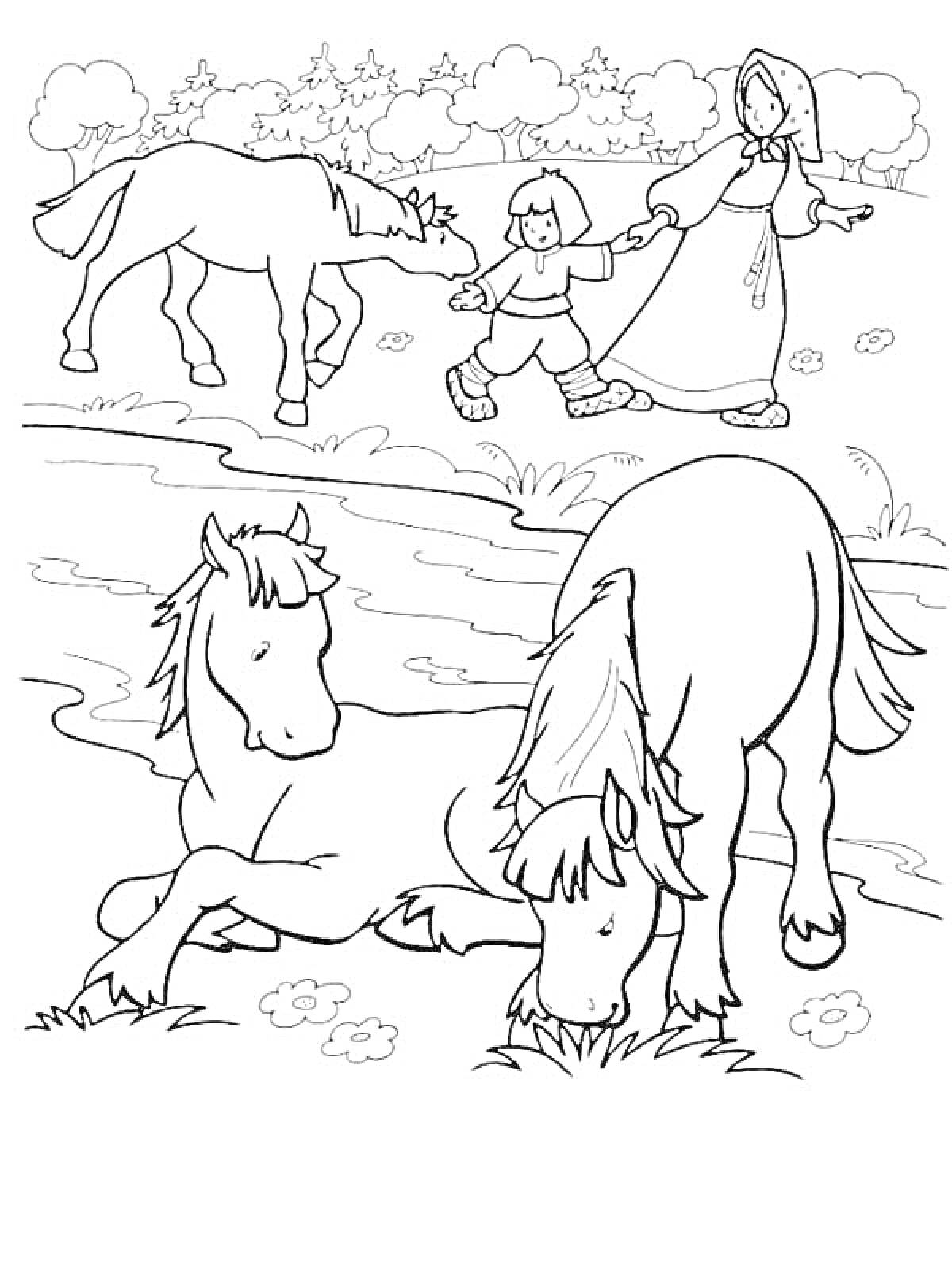Раскраска сестрица Аленушка и братец Иванушка, держатся за руки, две лошади, река, лес на заднем плане
