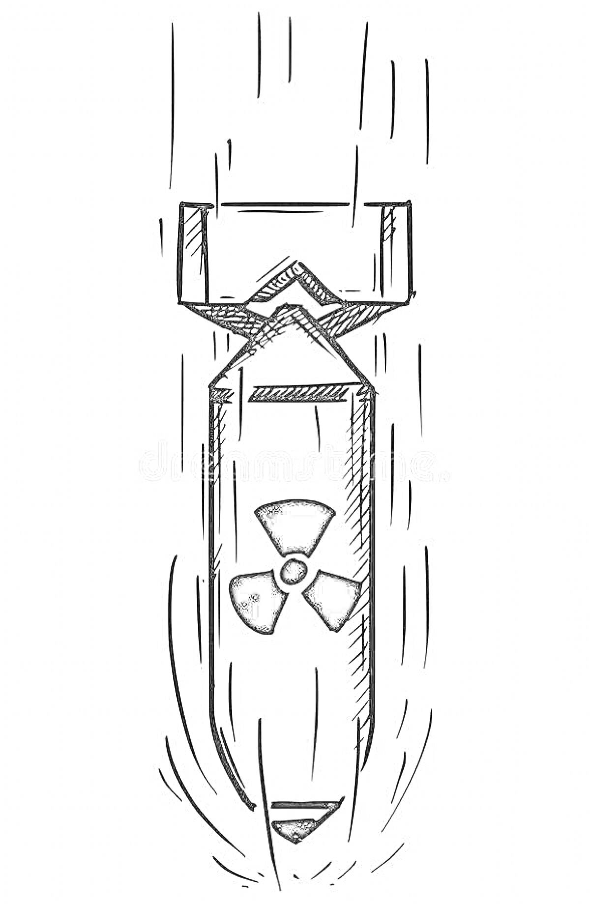 Раскраска Падающая ядерная бомба с атомным знаком и следами движения