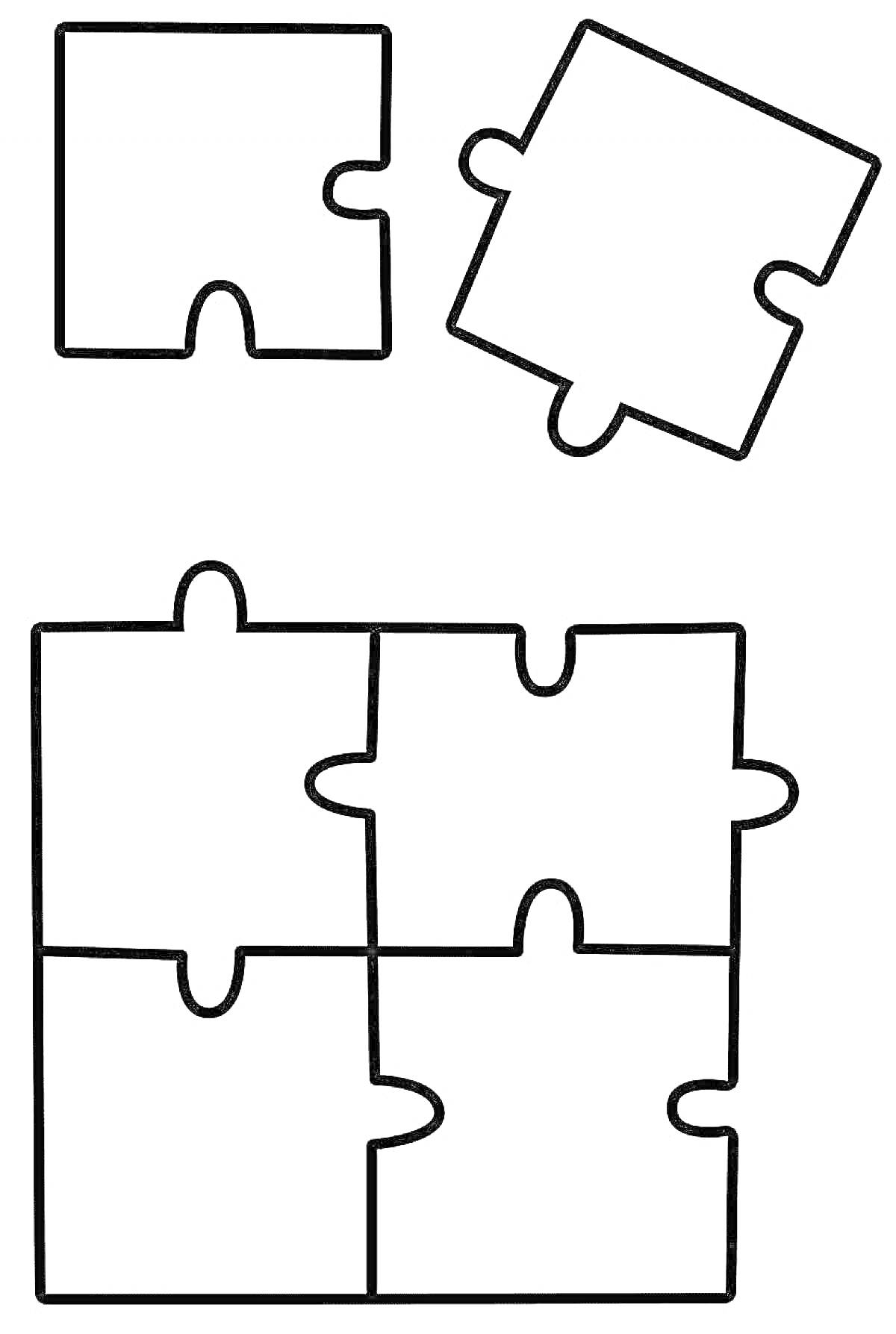 Пазлы с четырьмя элементами, два отдельных элемента и собранный квадрат из четырех частей