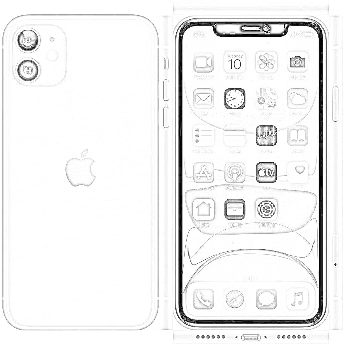 Раскраска Раскраска бумажного телефона с экраном и логотипом яблока, кнопками и иконками приложений
