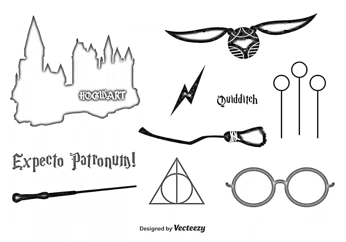 На раскраске изображено: Хогвартс, Гарри Поттер, Метла, Молния, Очки, Волшебник
