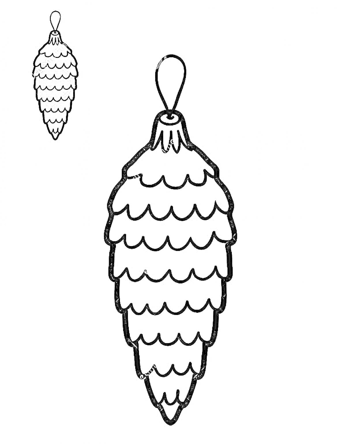 Раскраска Шишка с петлей для подвешивания. Пример раскрашенной шишки в правом верхнем углу.