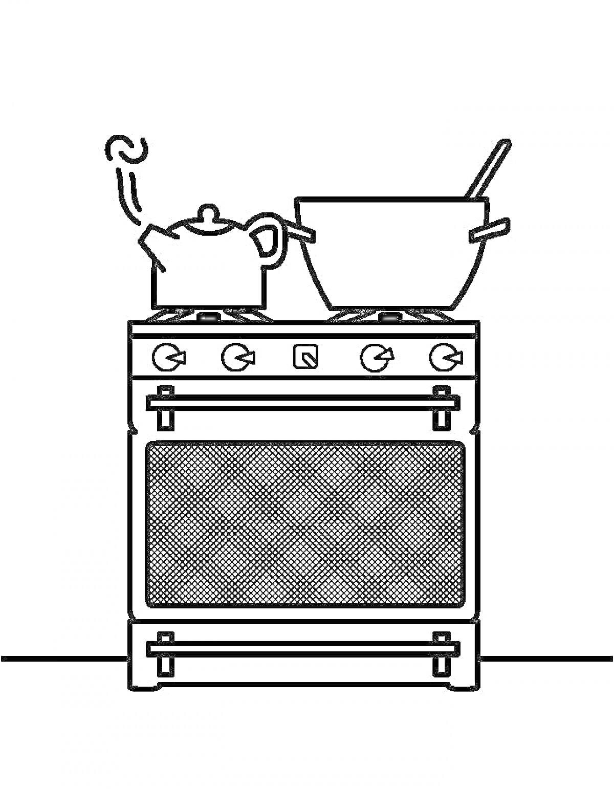 Раскраска Плита с чайником и кастрюлей.