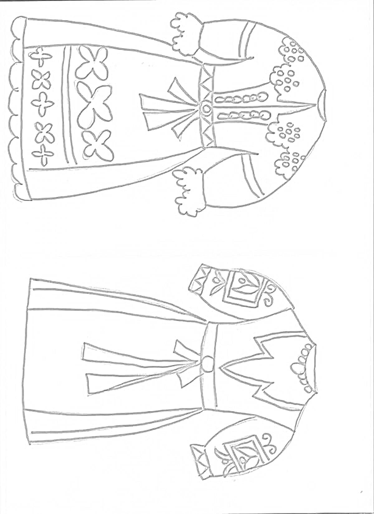 Раскраска Русские народные платья с вышивкой и поясами