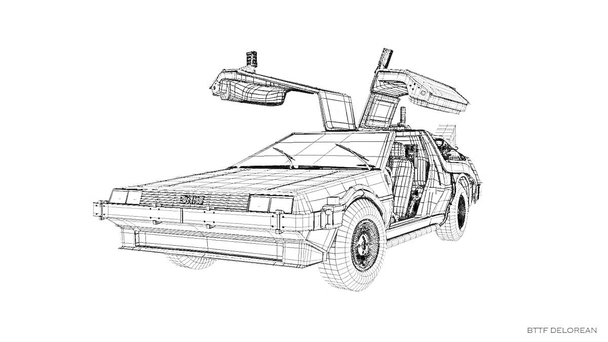 Графическая раскраска автомобиля Делориан с открытыми дверями-крыльями