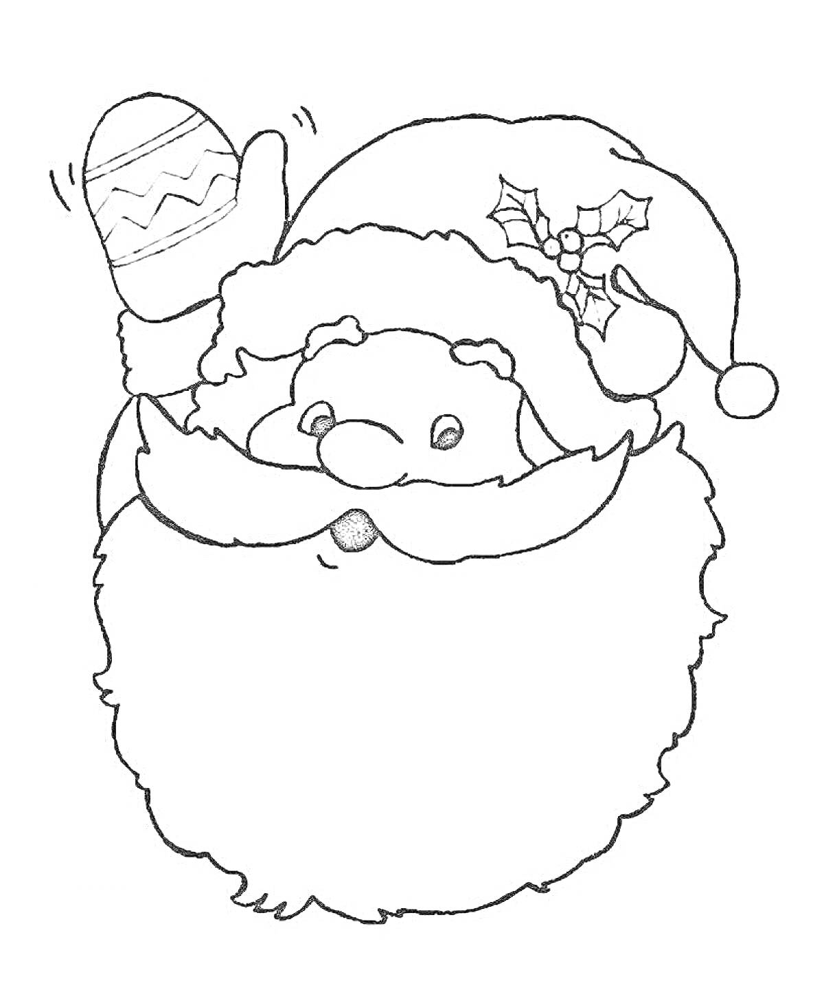 На раскраске изображено: Дед Мороз, Голова, Шапка, Остролист, Варежка, Снежинки, Новый год, Зима, Рождество