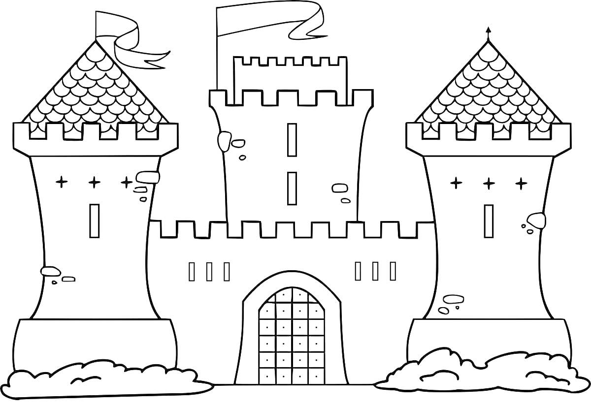 Раскраска Средневековый замок с двумя башнями, центральной башней, флагами, зубцами и воротами, окруженный кустами