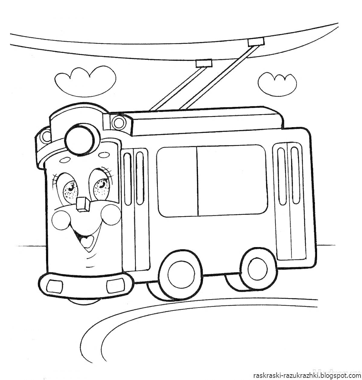 На раскраске изображено: Трамвай, Рельсы, Облака, Транспорт, Для детей