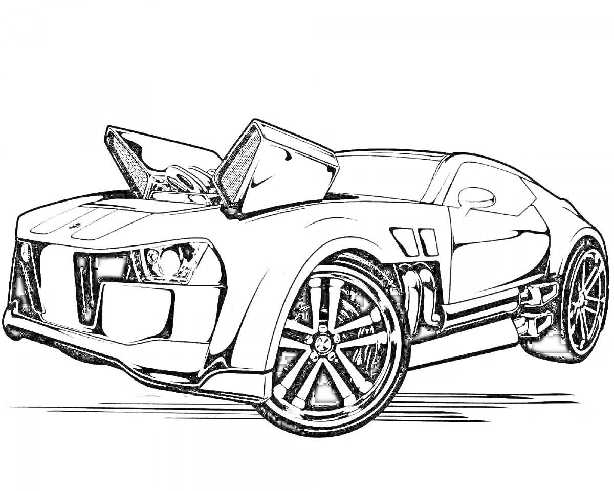 Раскраска Спортивный автомобиль с открытыми дверями-крыльями, большими колесами и деталями кузова.