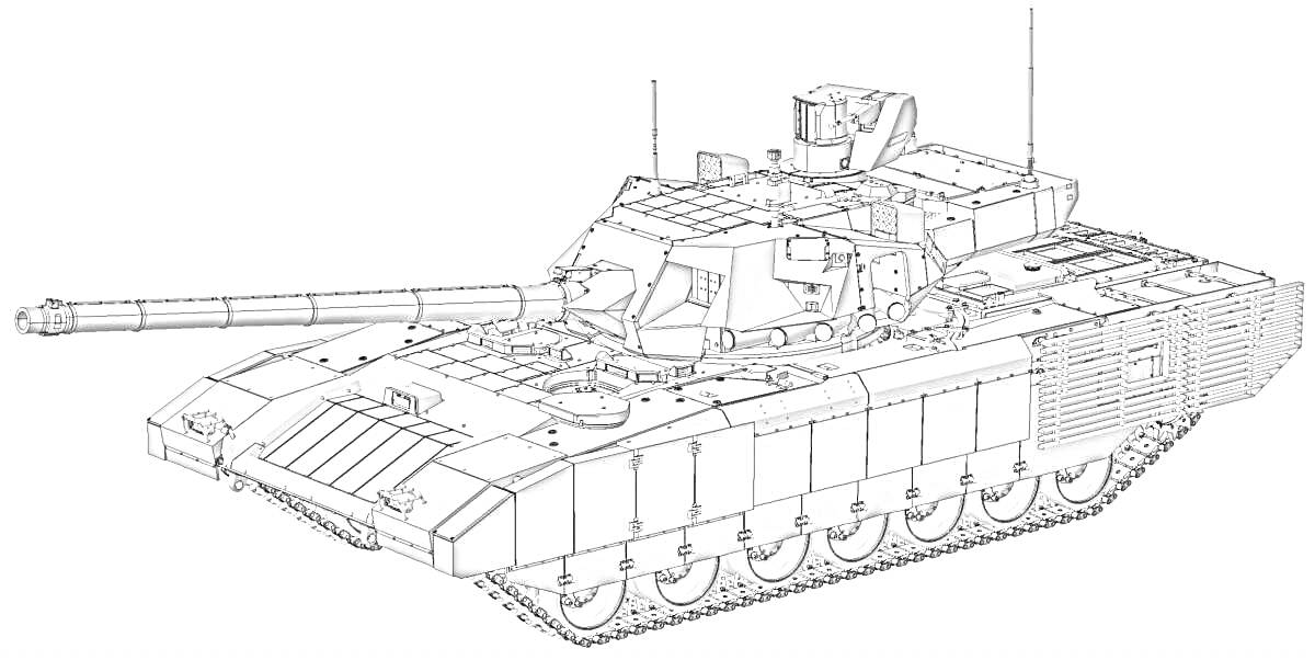  Танк Армата с пушкой, башней, гусеницами, броневыми пластинами, люками, антеннами и внешними деталями.