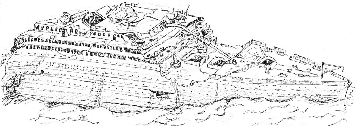 На раскраске изображено: Титаник, Корабль, Тонет, Палубы, Волны
