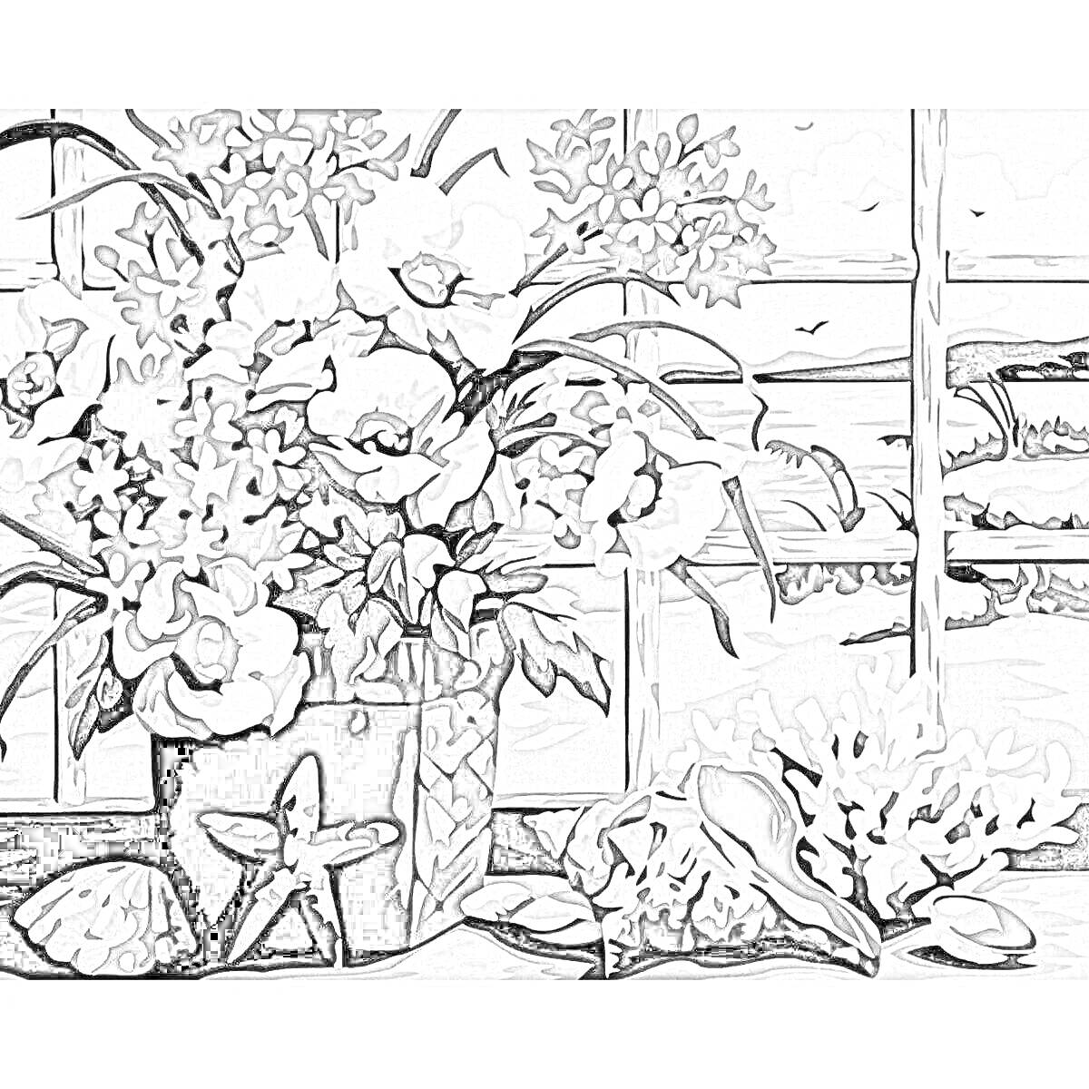 Раскраска Ваза с цветами на фоне окна и морского пейзажа