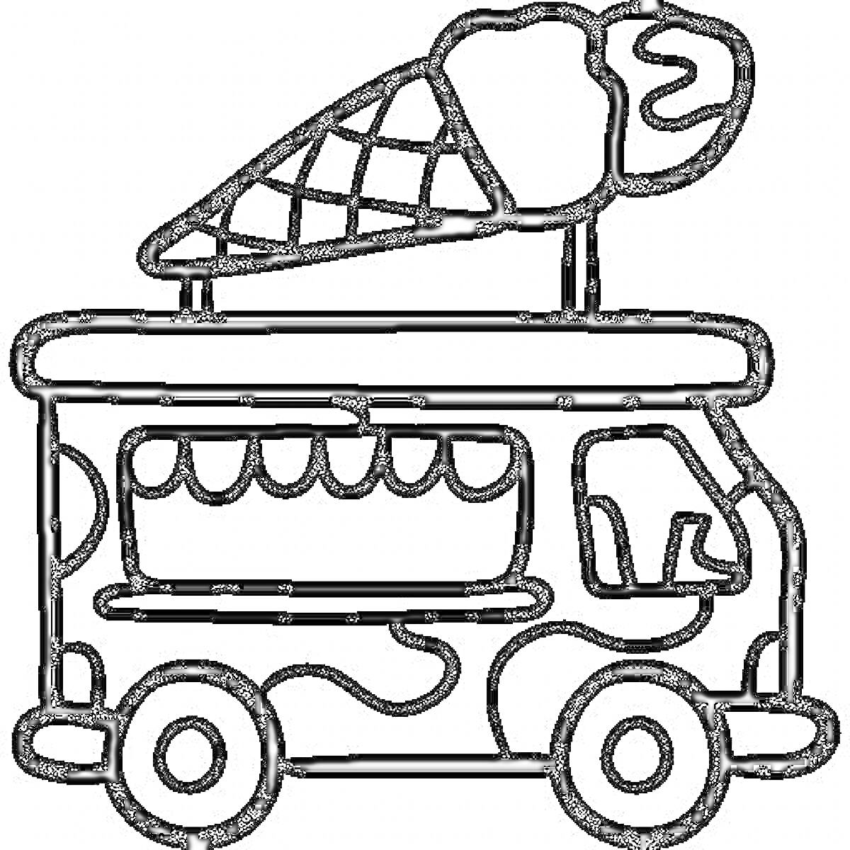 На раскраске изображено: Фургон с мороженым, Мороженое, Еда, Транспорт