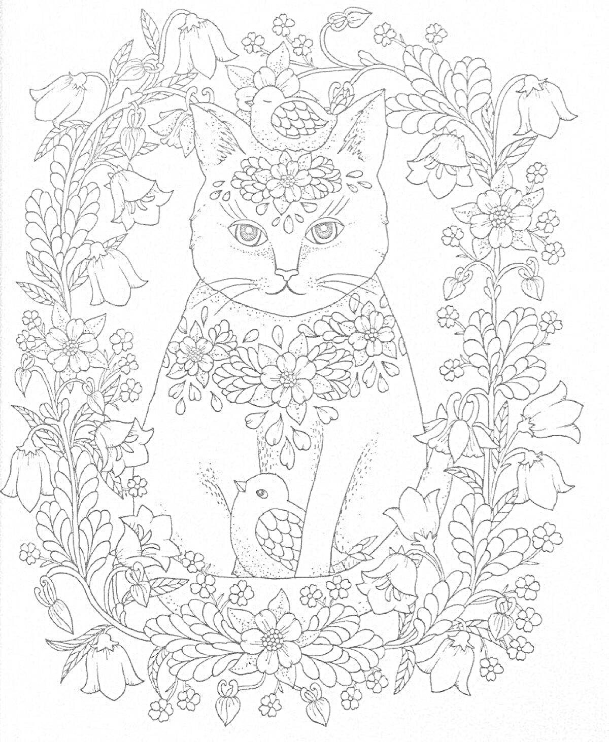 Раскраска Кошка среди цветочных узоров и птиц. Кошка украшена цветами, украшенный цветами кот сидит среди крупных цветов и листвы, сверху, по бокам и снизу находятся мелкие птицы и деревья.