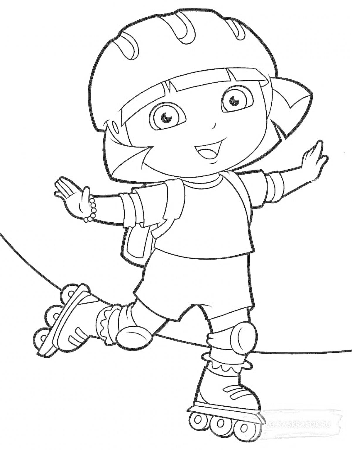 Раскраска Ребенок в шлеме и защите на коленях катается на роликовых коньках