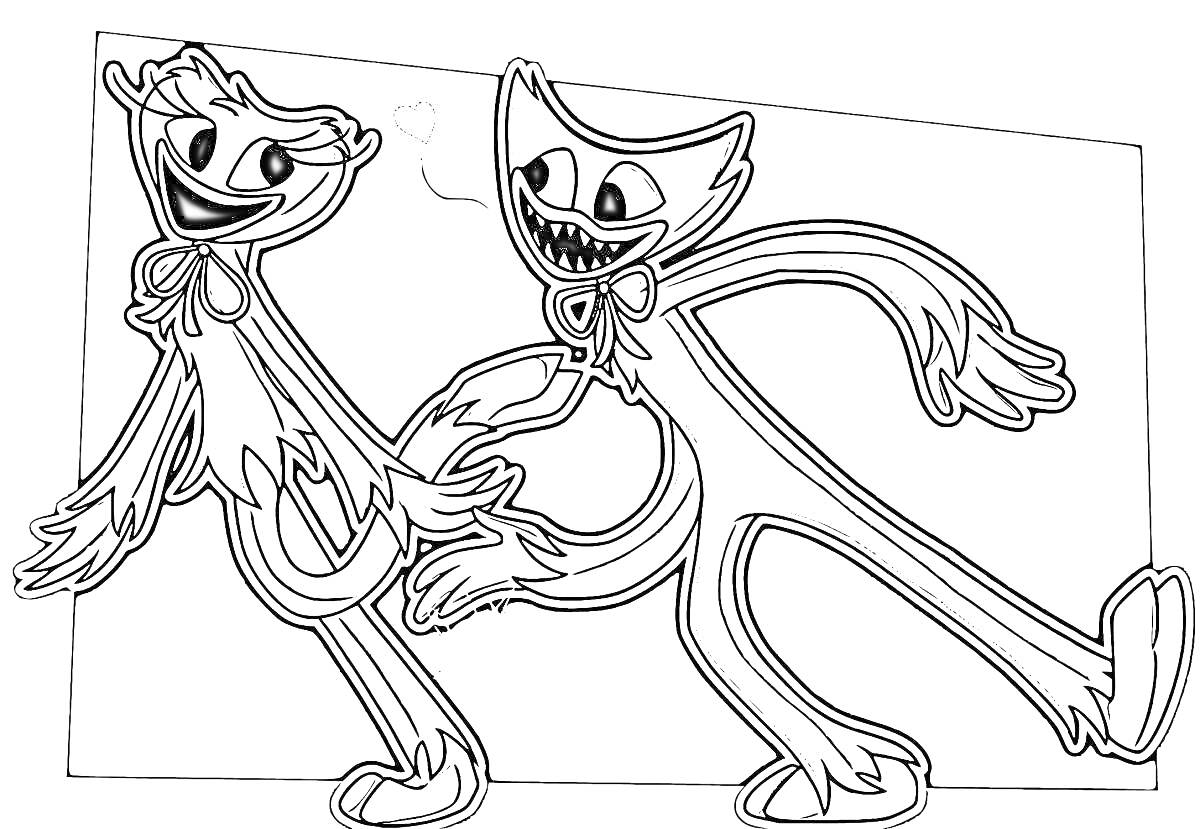 Две персонажи, держащиеся за руки, с бантами на шеях, внутри прямоугольной рамки