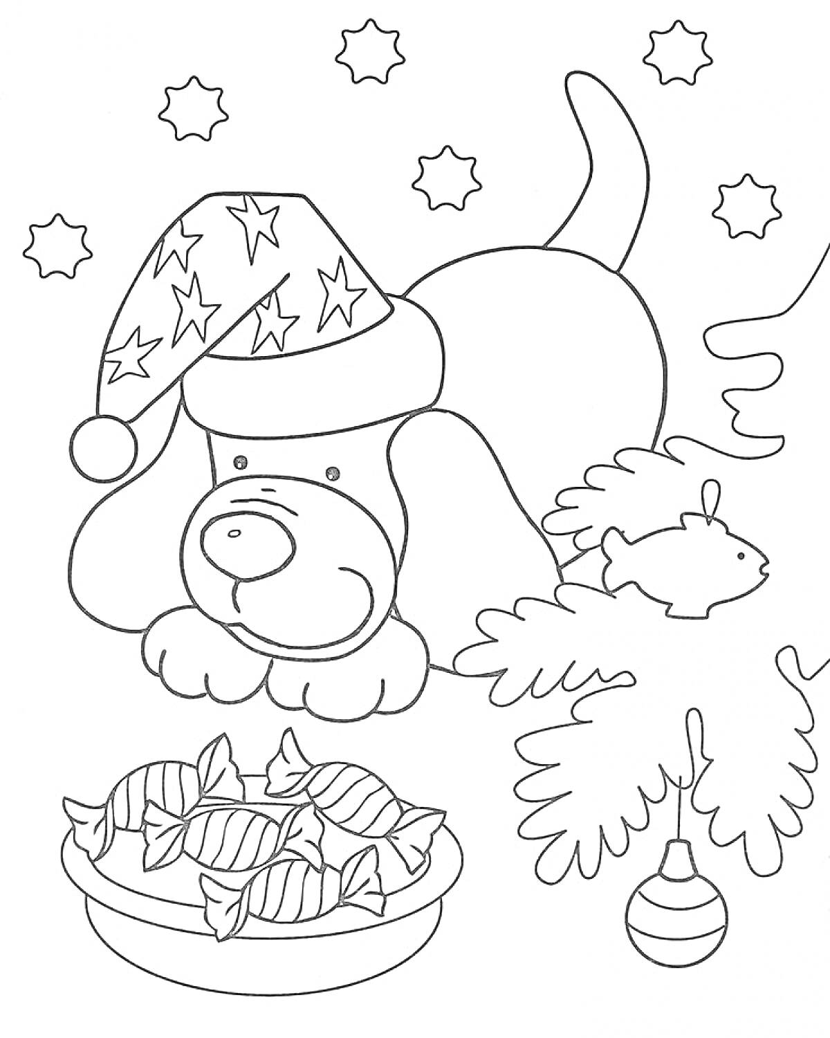 Раскраска Собака в новогодней шапке, елочные игрушки, угощение конфетами и падающий снег