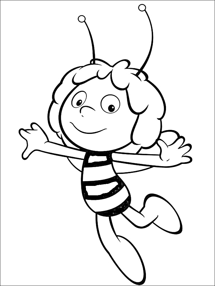 Раскраска Пчелка Майя с двумя антеннами, короткими волосами, улыбающаяся и парящая в воздухе, полосатый наряд