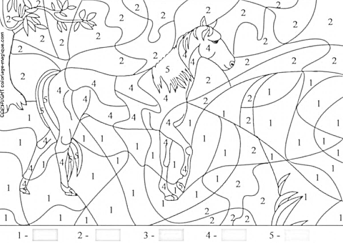Раскраска Лошади на лугу с деревьями и травой